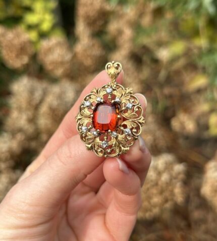 Brosa pandant vintage din aur de 18k cu citrin si diamante naturale