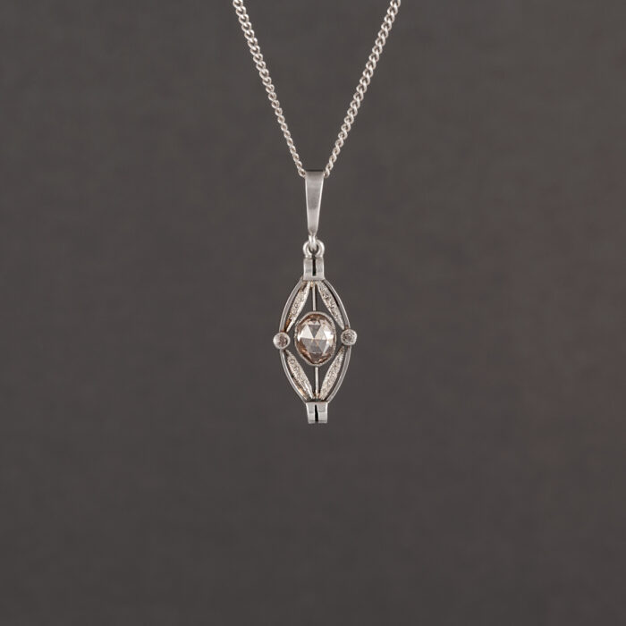 Pandant autentic Art Deco din aur de 14k si argint cu diamante naturale