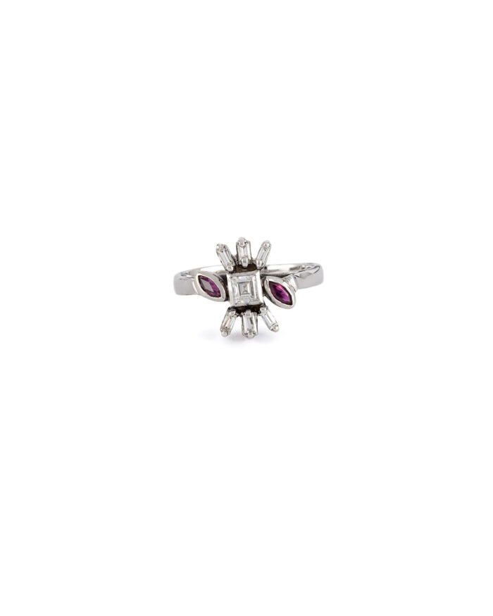 Inel din aur alb de 18k cu safire violet si diamante naturale