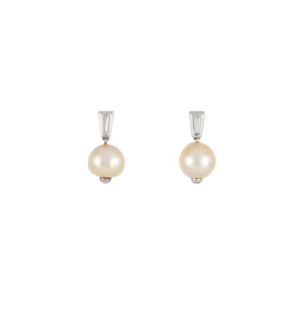 Cercei lungi din aur alb de 18k cu perlute si diamante naturale fancy