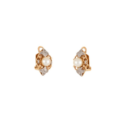 Cercei clips vintage din aur de 18k cu perlute si diamante naturale