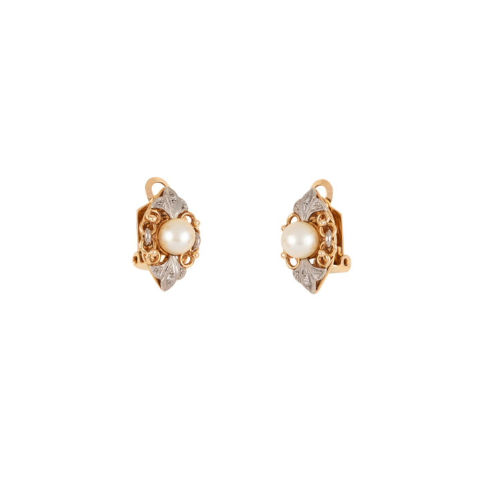 Cercei clips vintage din aur de 18k cu perlute si diamante naturale