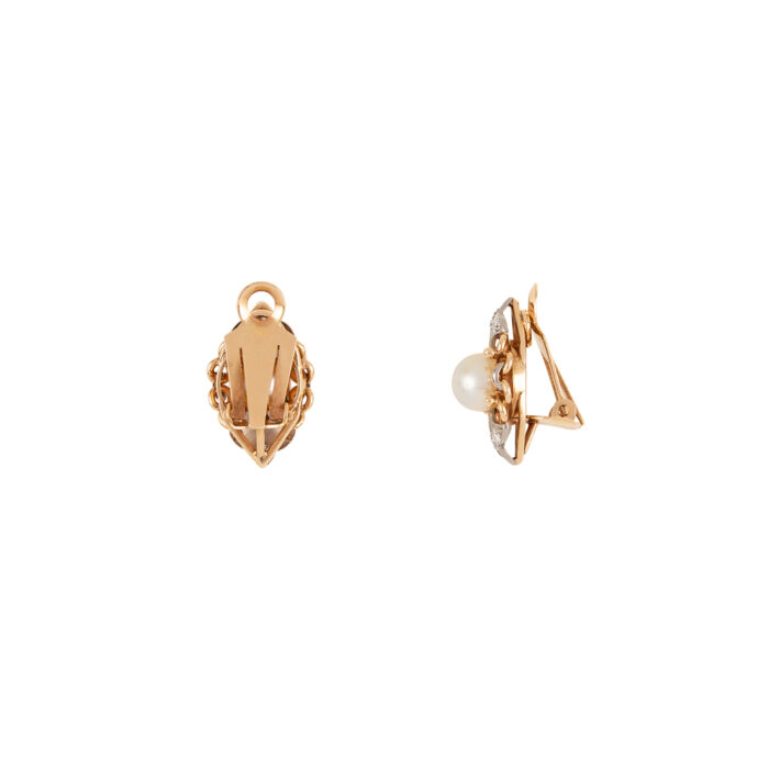 Cercei clips vintage din aur de 18k cu perlute si diamante naturale