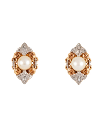 Cercei clips vintage din aur de 18k cu perlute si diamante naturale