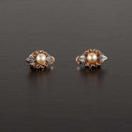 Cercei clips vintage din aur de 18k cu perlute si diamante naturale