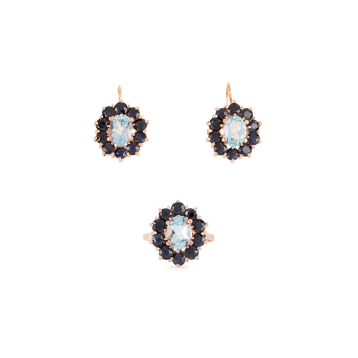 Set cercei si inel din aur roz de 14k cu topaz si safire naturale