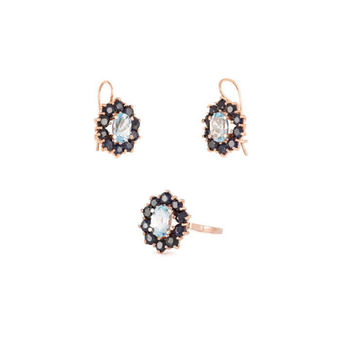 Set cercei si inel din aur roz de 14k cu topaz si safire naturale