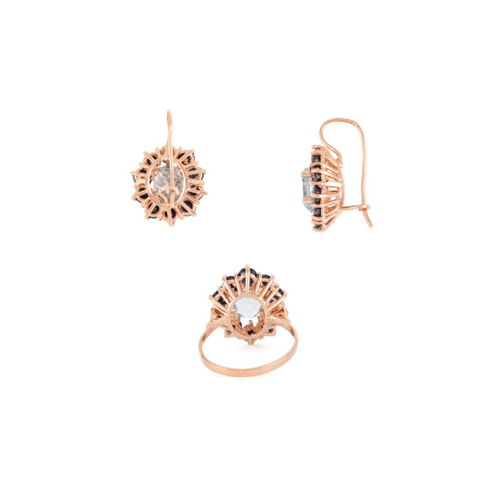 Set cercei si inel din aur roz de 14k cu topaz si safire naturale