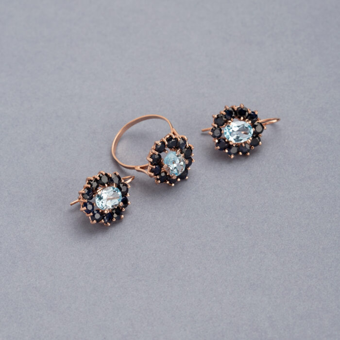 Set cercei si inel din aur roz de 14k cu topaz si safire naturale