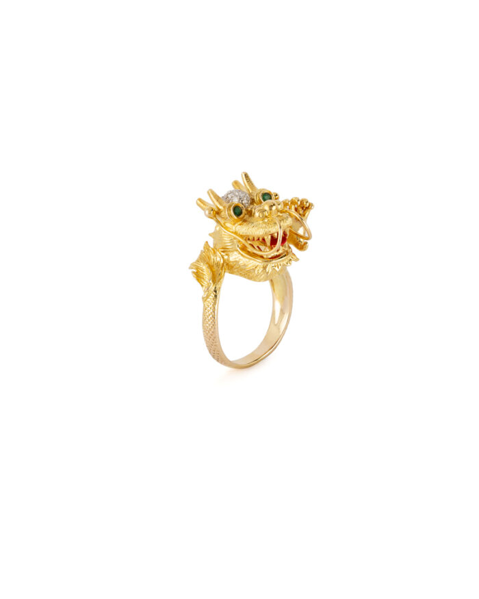 Inel cu dragon din aur de 14k cu smaralde si diamante naturale