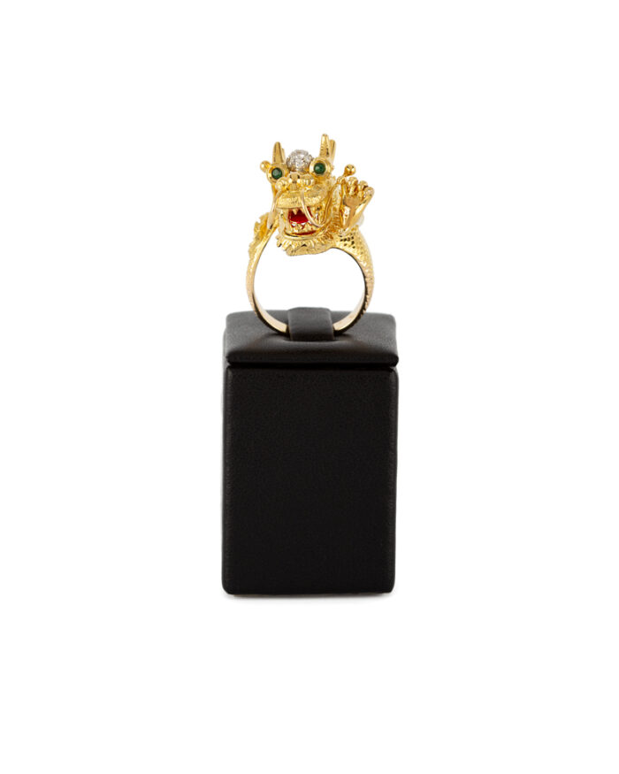 Inel cu dragon din aur de 14k cu smaralde si diamante naturale