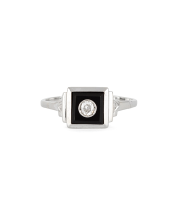 Inel Art Deco in aur alb de 14k cu onix si diamant natural