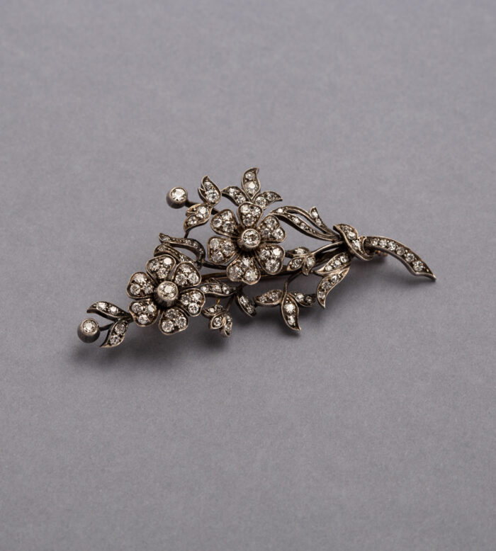 Brosa vintage din aur de 14k si argint cu diamante naturale