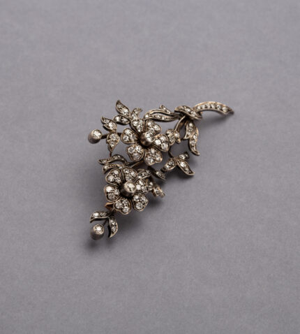 Brosa vintage din aur de 14k si argint cu diamante naturale