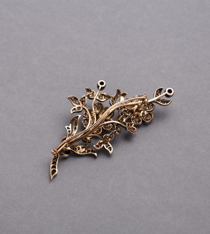 Brosa vintage din aur de 14k si argint cu diamante naturale