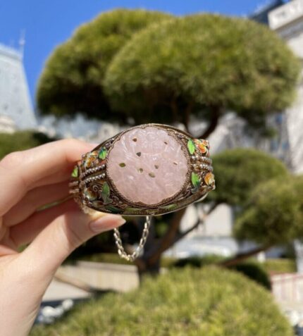 Bratara vintage din argint aurit cu email si cuart roz natural