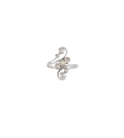 Inel vintage din aur alb de 14k cu perluta si diamante naturale