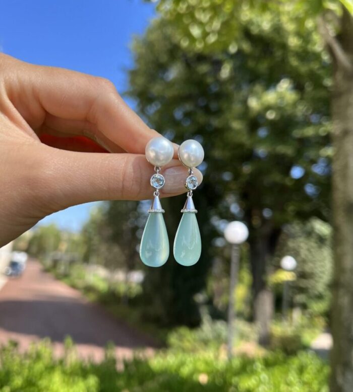 Cercei lungi din aur alb de 14k cu perle, topaz, acvamarin si diamante naturale