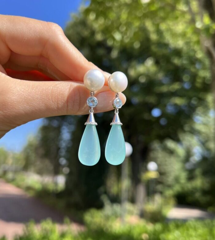 Cercei lungi din aur alb de 14k cu perle, topaz, acvamarin si diamante naturale