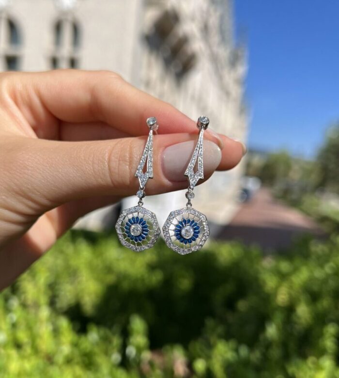 Cercei lungi autentici Art Deco din platina cu email si diamante naturale