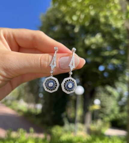 Cercei lungi autentici Art Deco din platina cu email si diamante naturale