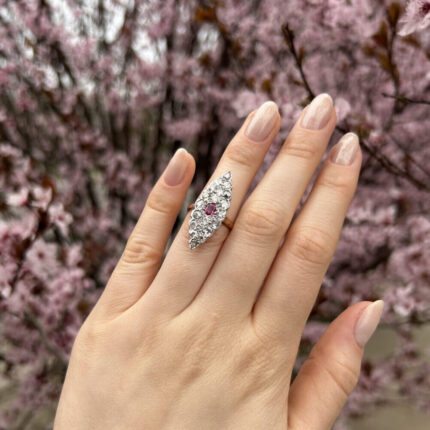 Inel vintage din aur de 14k si platina cu rubin si diamante naturale