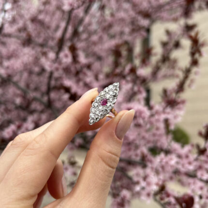 Inel vintage din aur de 14k si platina cu rubin si diamante naturale