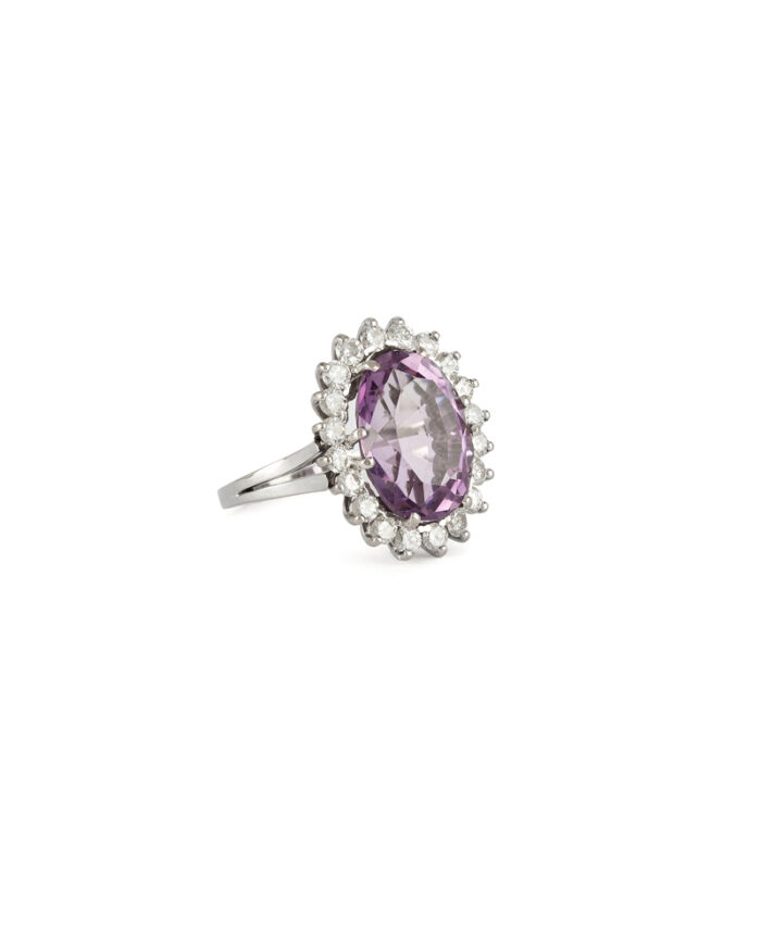 Inel din aur alb de 18k cu ametist si diamante naturale