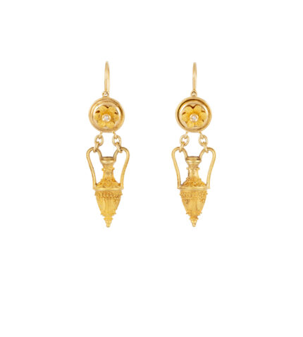 Cercei lungi vintage cu anfora din aur de 18k si diamante naturale