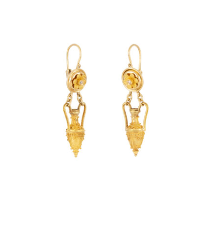 Cercei lungi vintage cu anfora din aur de 18k si diamante naturale