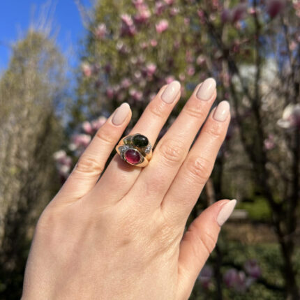 Inel din aur de 14k cu turmalina rosie, verde si diamante naturale