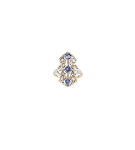 Inel Art Deco din aur galben de 14k cu safire si diamante naturale montate in argint