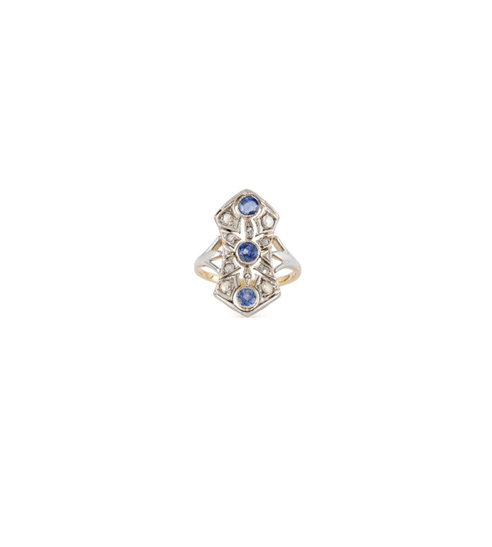 Inel Art Deco din aur galben de 14k cu safire si diamante naturale montate in argint