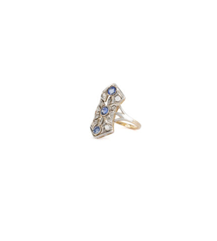 Inel Art Deco din aur galben de 14k cu safire si diamante naturale montate in argint
