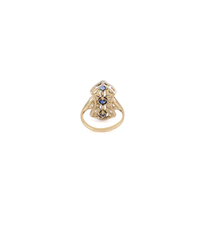 Inel Art Deco din aur galben de 14k cu safire si diamante naturale montate in argint
