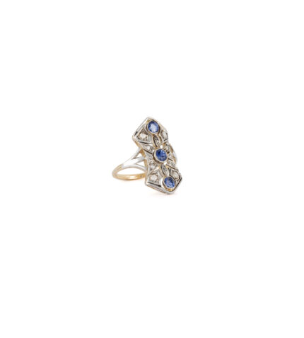 Inel Art Deco din aur galben de 14k cu safire si diamante naturale montate in argint