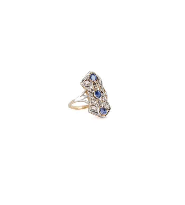 Inel Art Deco din aur galben de 14k cu safire si diamante naturale montate in argint