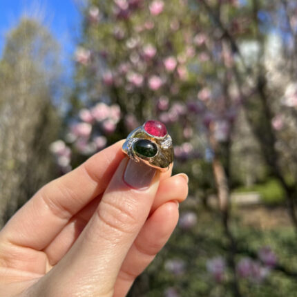 Inel din aur de 14k cu turmalina rosie, verde si diamante naturale