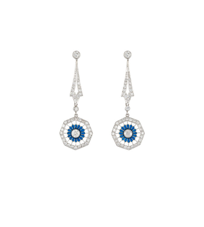Cercei lungi autentici Art Deco din platina cu email si diamante naturale