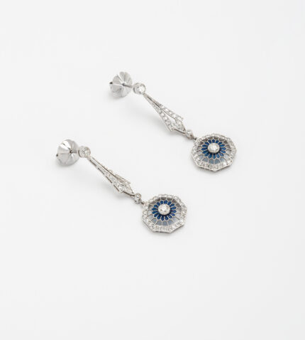 Cercei lungi autentici Art Deco din platina cu email si diamante naturale