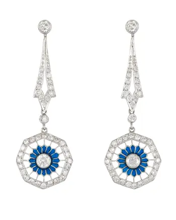 Cercei lungi autentici Art Deco din platina cu email si diamante naturale
