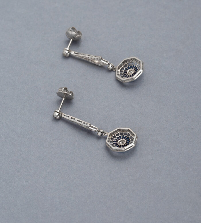 Cercei lungi autentici Art Deco din platina cu email si diamante naturale