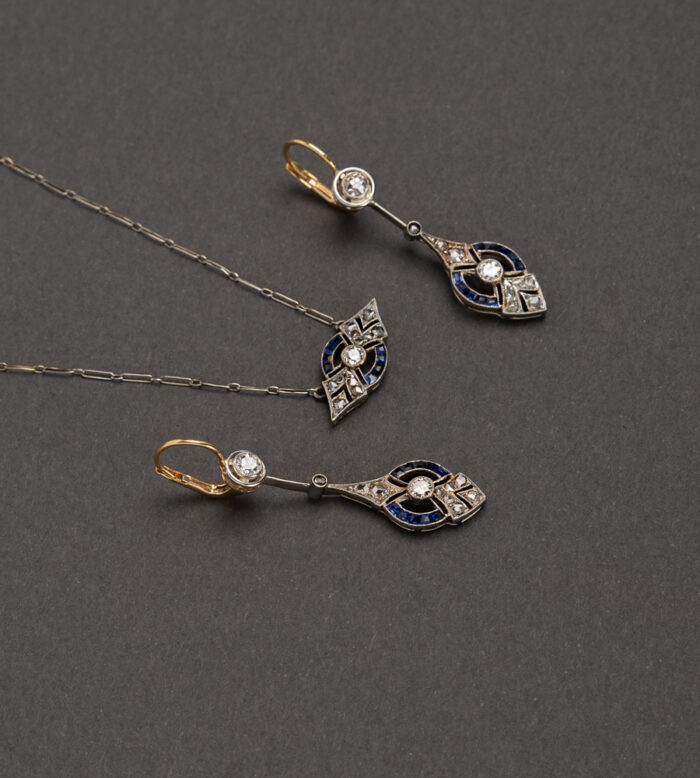 Set autentic Art Deco din aur de 18k cu safire si diamante naturale