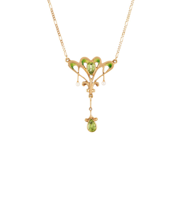 Colier autentic Art Nouveau din aur de 18k cu perle, peridot si email