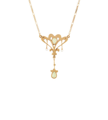 Colier autentic Art Nouveau din aur de 18k cu perle, peridot si email