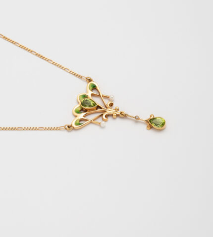 Colier autentic Art Nouveau din aur de 18k cu perle, peridot si email