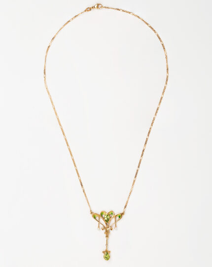 Colier autentic Art Nouveau din aur de 18k cu perle, peridot si email