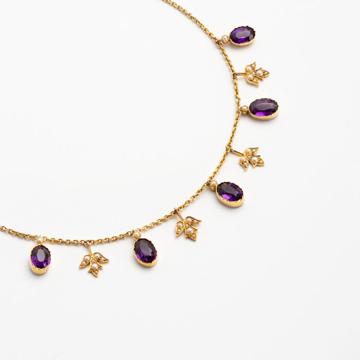 Colier din perioada edwardiana, aur de 14k cu ametist si perlute naturale