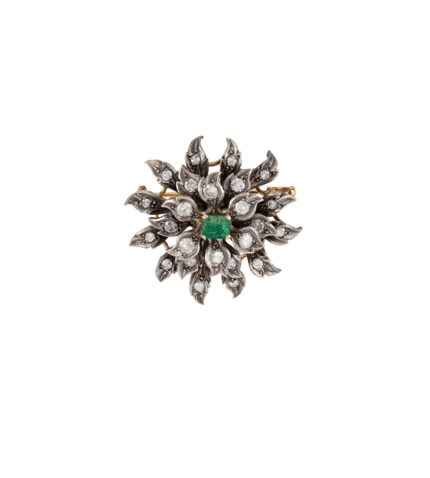 Brosa-pandant vintage din aur de 18k si argint cu smarald si diamante naturale