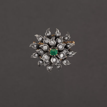 Brosa-pandant vintage din aur de 18k si argint cu smarald si diamante naturale